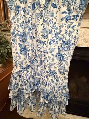 Blue toile button down ruffle sleeveless dress